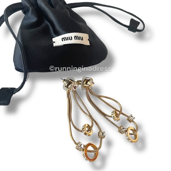 Authentic Miu Miu Crystal-Embellished Gold Snake Chain Tassel Drop Earrings - Picture 6 of 9